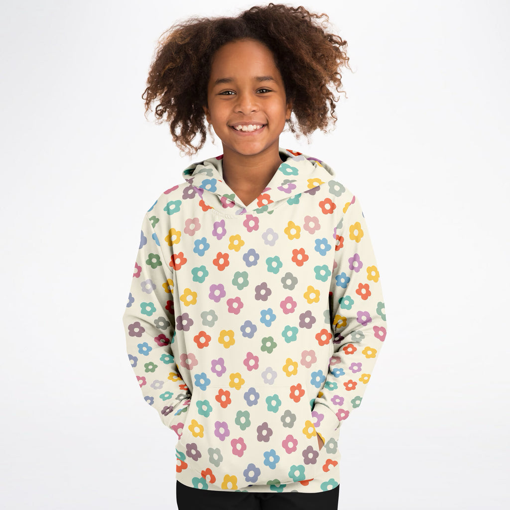 Girls Colorful Retro Daisy Hoodie – Ultra Comfy & Stretchy, Cozy Fleece or Lightweight Sports Fabric, Double-Layer Hood & Kangaroo Pocket