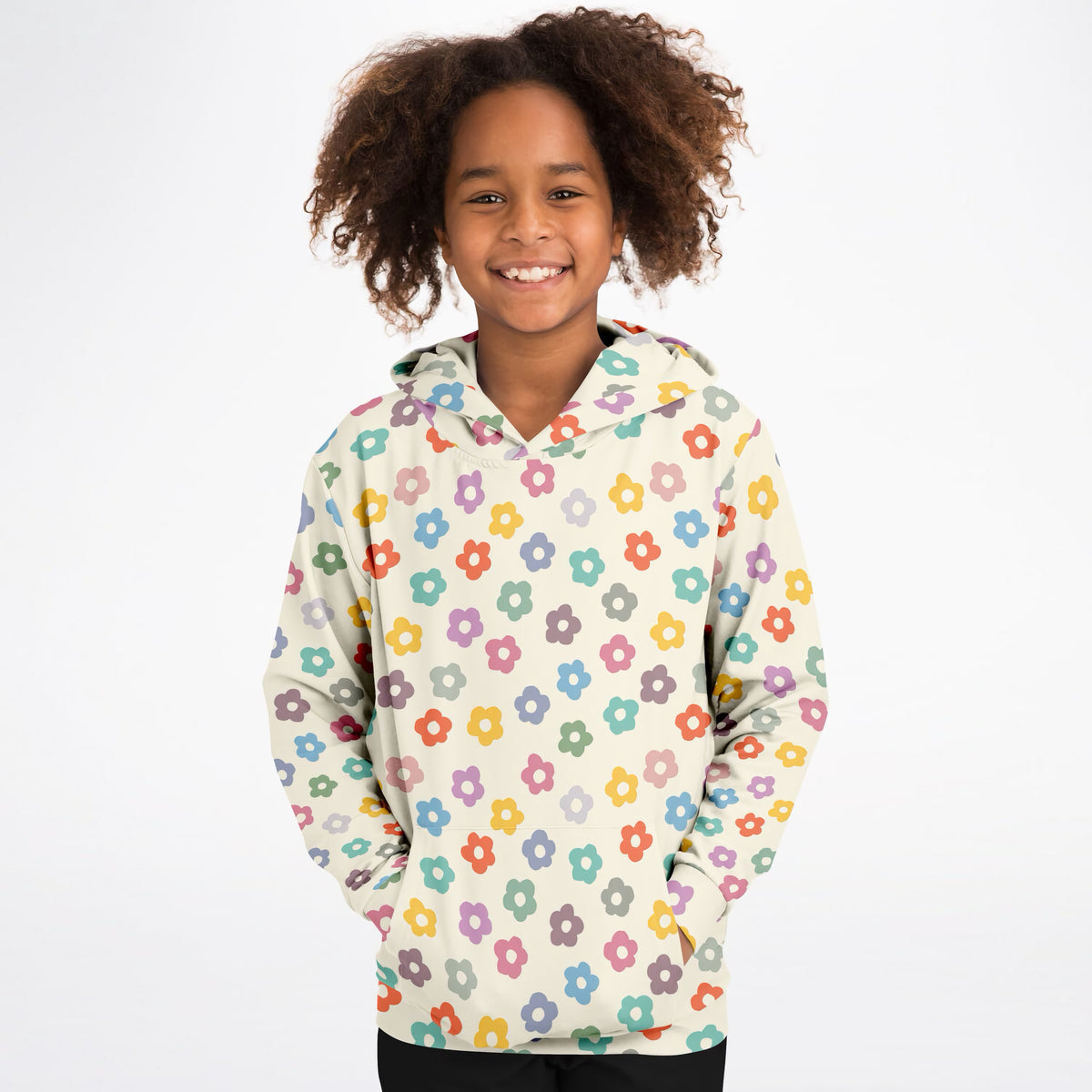 Girls Colorful Retro Daisy Hoodie – Ultra Comfy & Stretchy, Cozy Fleece or Lightweight Sports Fabric, Double-Layer Hood & Kangaroo Pocket