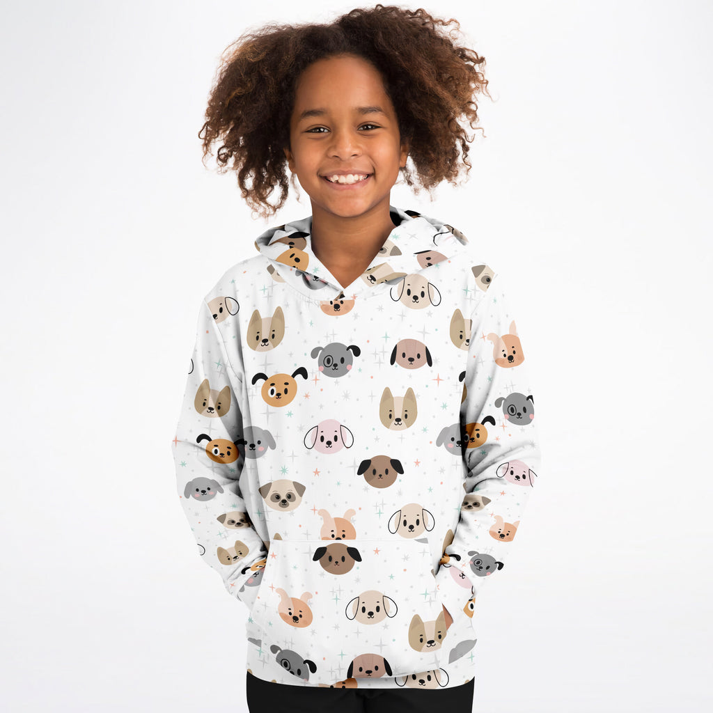 White kids dog face hoodie with playful multicolor cartoon dogs made of cozy cotton fleece or lightweight sports fabric