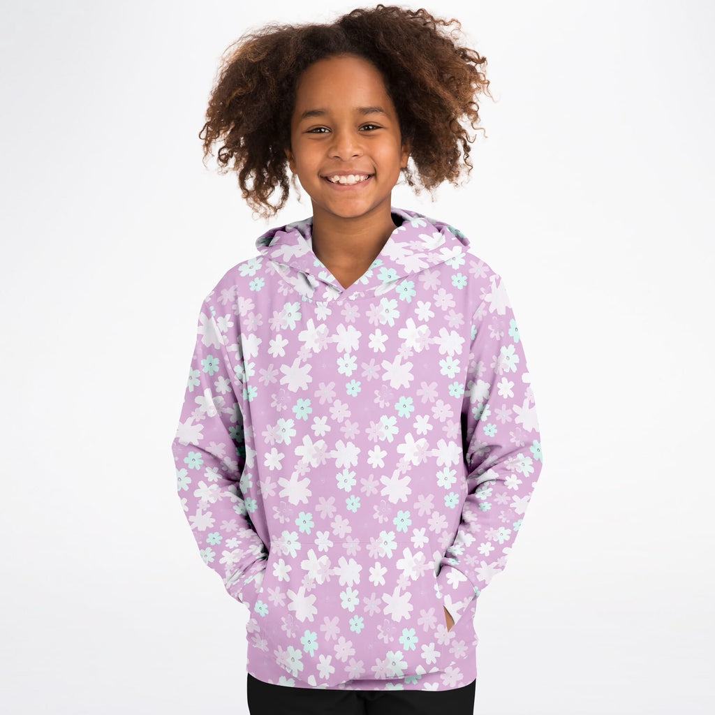 Girls Lavender Purple Floral Hoodie – Ultra Comfy & Stretchy, Cozy Fleece or Lightweight Sports Fabric, Double-Layer Hood & Kangaroo Pocket