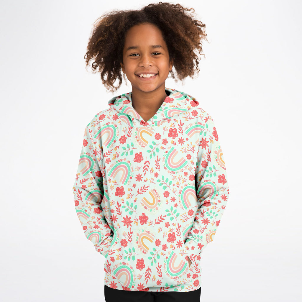 Girls Boho Rainbow Floral Hoodie – Ultra Comfy & Stretchy, Cozy Fleece or Lightweight Sports Fabric, Double-Layer Hood & Kangaroo Pocket