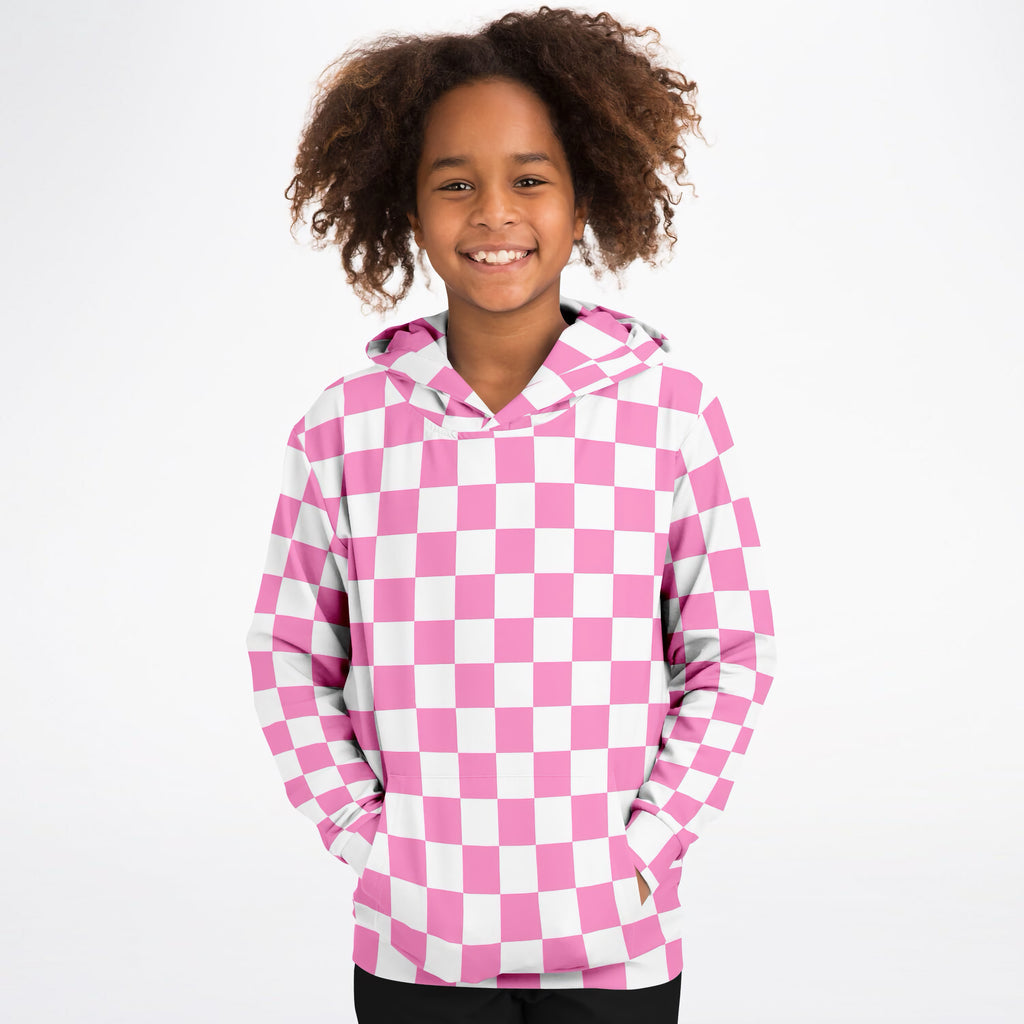 Girls Pink Checkered Hoodie – Ultra Comfy & Stretchy, Cozy Fleece or Lightweight Sports Fabric, Double-Layer Hood & Kangaroo Pocket