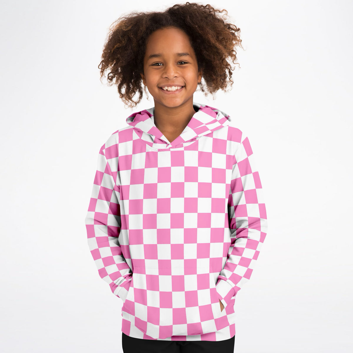 Girls Pink Checkered Hoodie – Ultra Comfy & Stretchy, Cozy Fleece or Lightweight Sports Fabric, Double-Layer Hood & Kangaroo Pocket