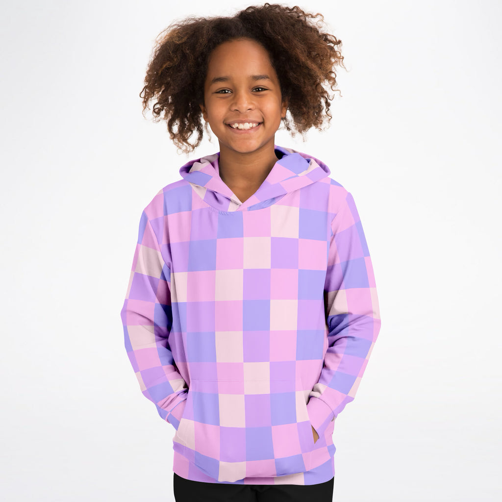 Girls Pink & Purple Checkered Hoodie – Ultra Comfy & Stretchy, Cozy Fleece or Lightweight Sports Fabric, Double-Layer Hood & Kangaroo Pocket