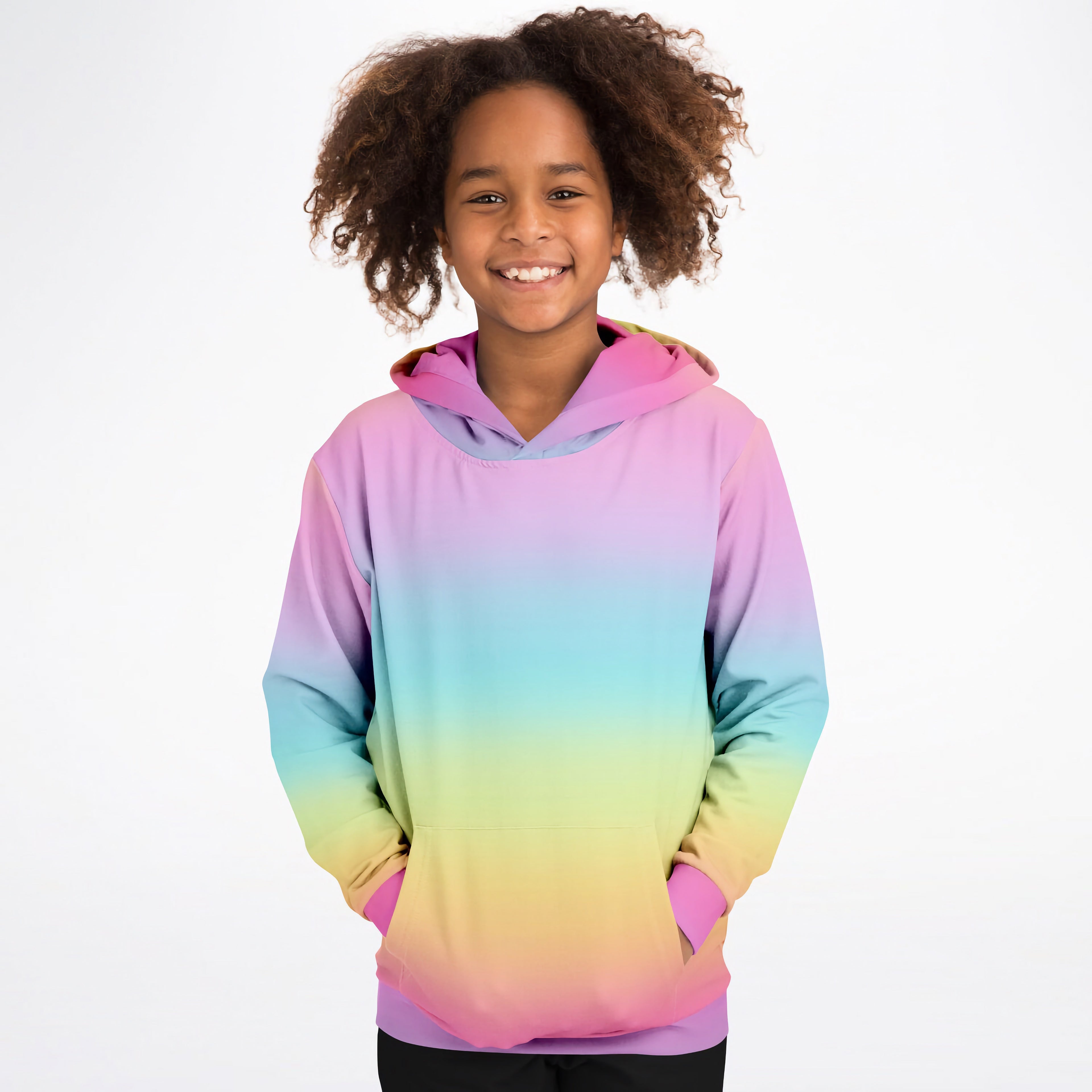 Girls bright rainbow hoodie with vibrant gradient soft cotton fleece and matching pink hood lining for cozy wear