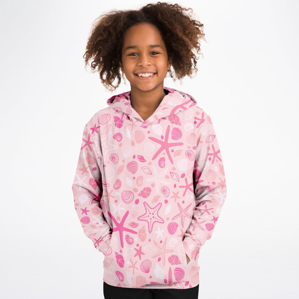 Girls Pink Starfish & Shells Hoodie – Ultra Comfy & Stretchy, Cozy Fleece or Lightweight Sports Fabric, Double-Layer Hood & Kangaroo Pocket