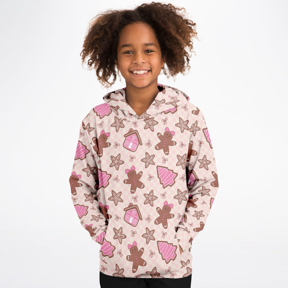 Girls Pink Gingerbread Christmas Hoodie – Ultra Comfy & Stretchy, Cozy Fleece or Lightweight Sports Fabric, Double-Layer Hood & Kangaroo Pocket