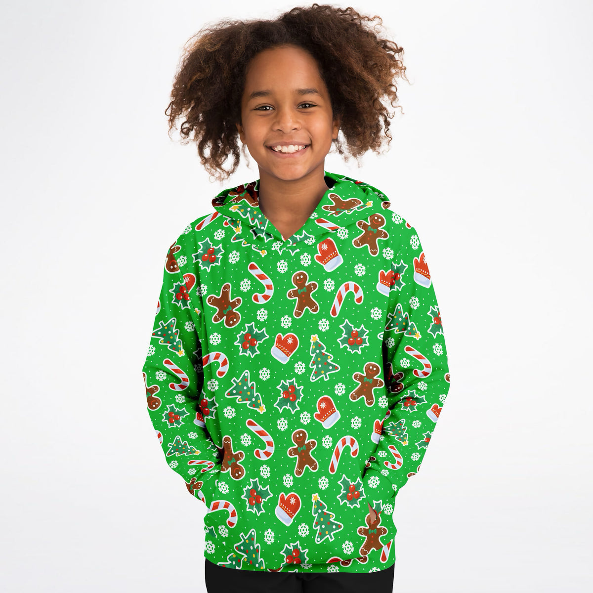 Kids Green Christmas Icons Hoodie – Ultra Comfy & Stretchy, Cozy Fleece or Lightweight Sports Fabric, Double-Layer Hood & Kangaroo Pocket