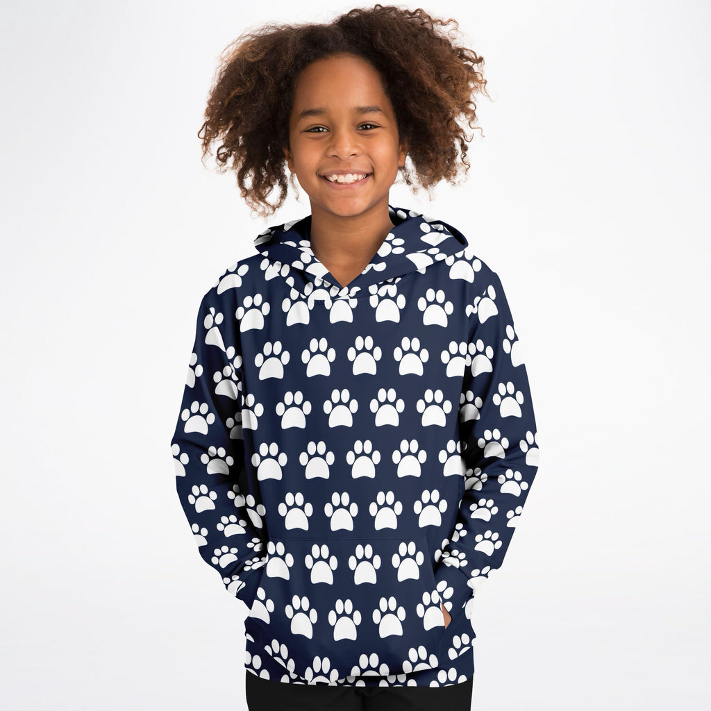 Kids Navy Blue Paw Print Hoodie – Ultra Comfy & Stretchy, Cozy Fleece or Lightweight Sports Fabric, Double-Layer Hood & Kangaroo Pocket