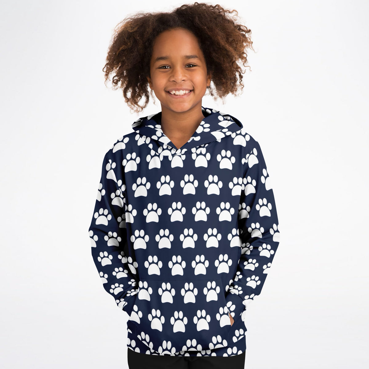 Kids Navy Blue Paw Print Hoodie – Ultra Comfy & Stretchy, Cozy Fleece or Lightweight Sports Fabric, Double-Layer Hood & Kangaroo Pocket
