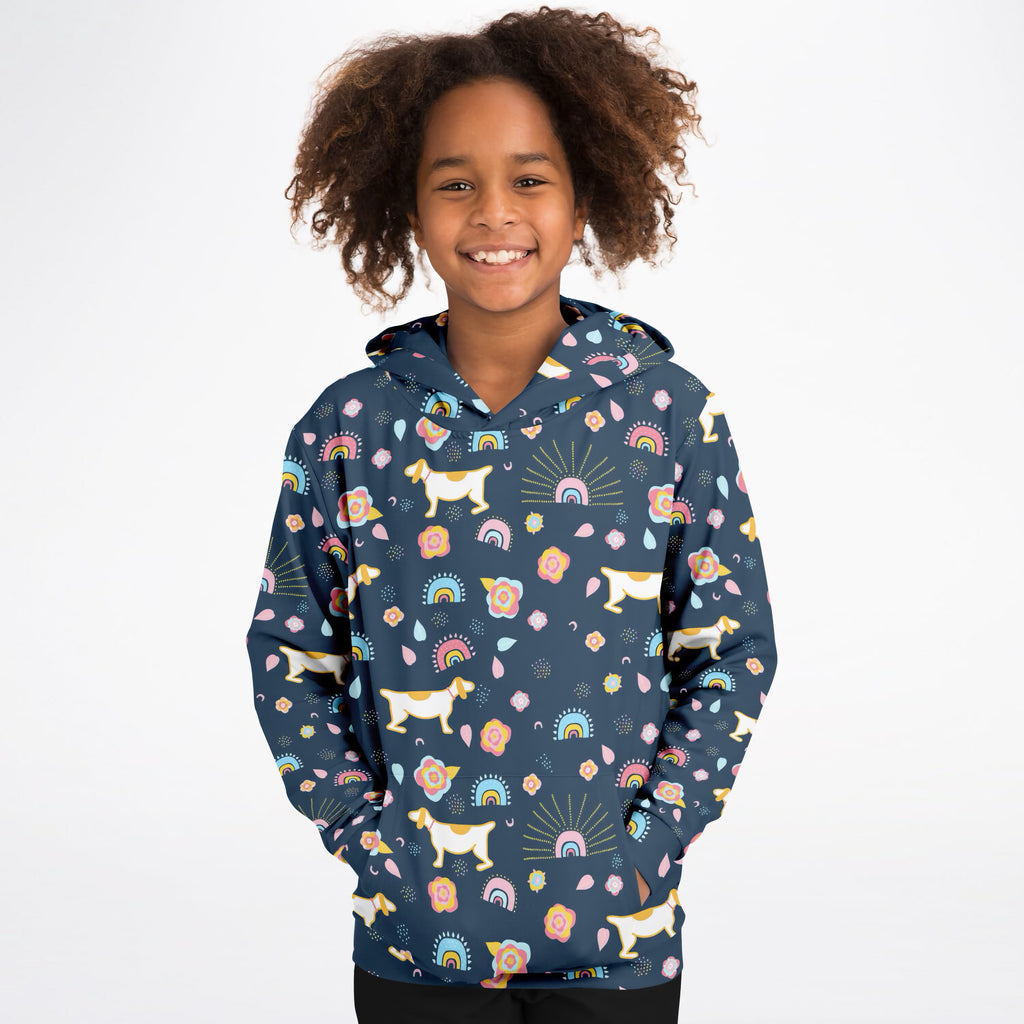 Girls Cute Dogs & Rainbows Hoodie – Ultra Comfy & Stretchy, Cozy Fleece or Lightweight Sports Fabric, Double-Layer Hood & Kangaroo Pocket