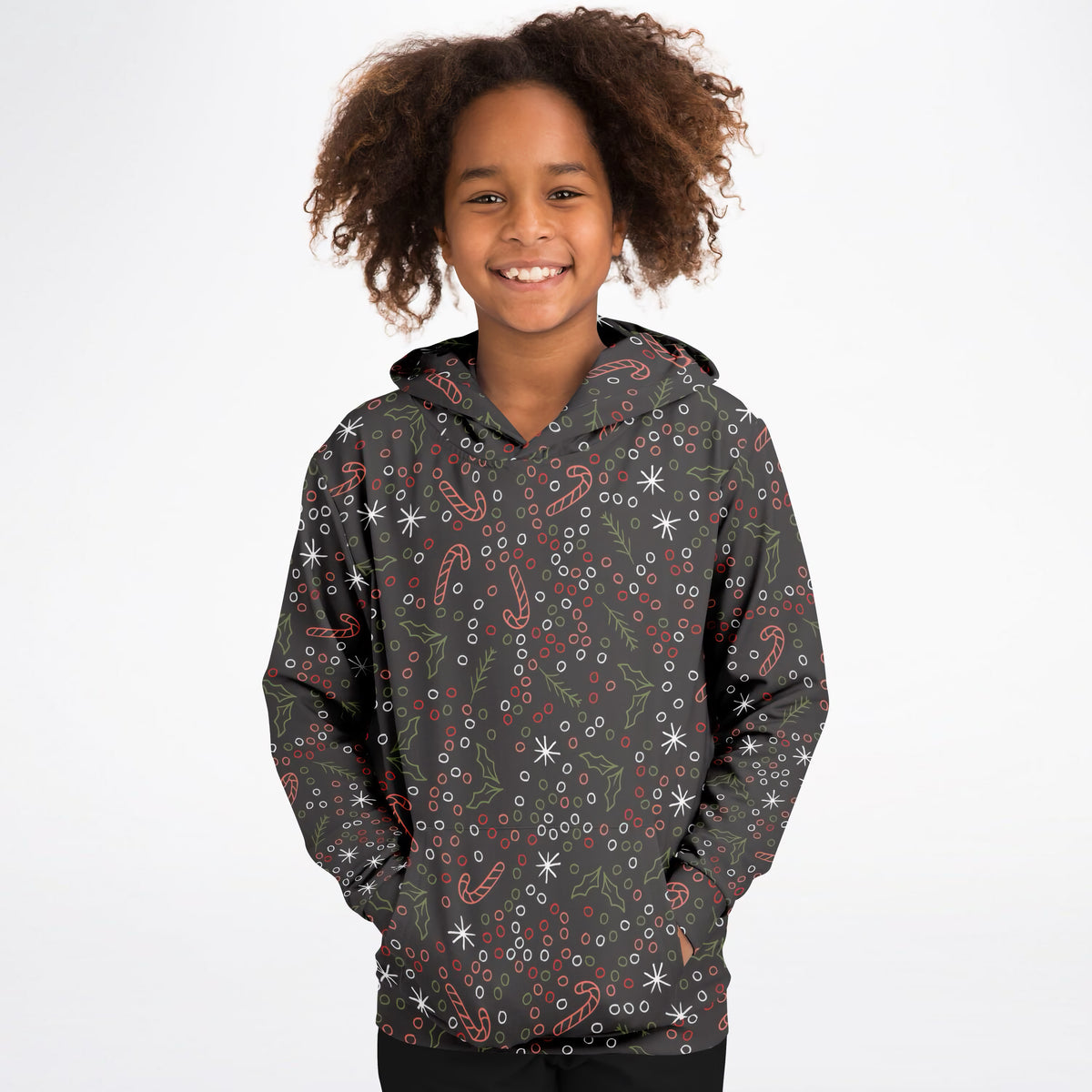 Kids Dark Brown Christmas Candy Cane Hoodie – Ultra Comfy & Stretchy, Cozy Fleece or Lightweight Sports Fabric, Double-Layer Hood & Kangaroo Pocket