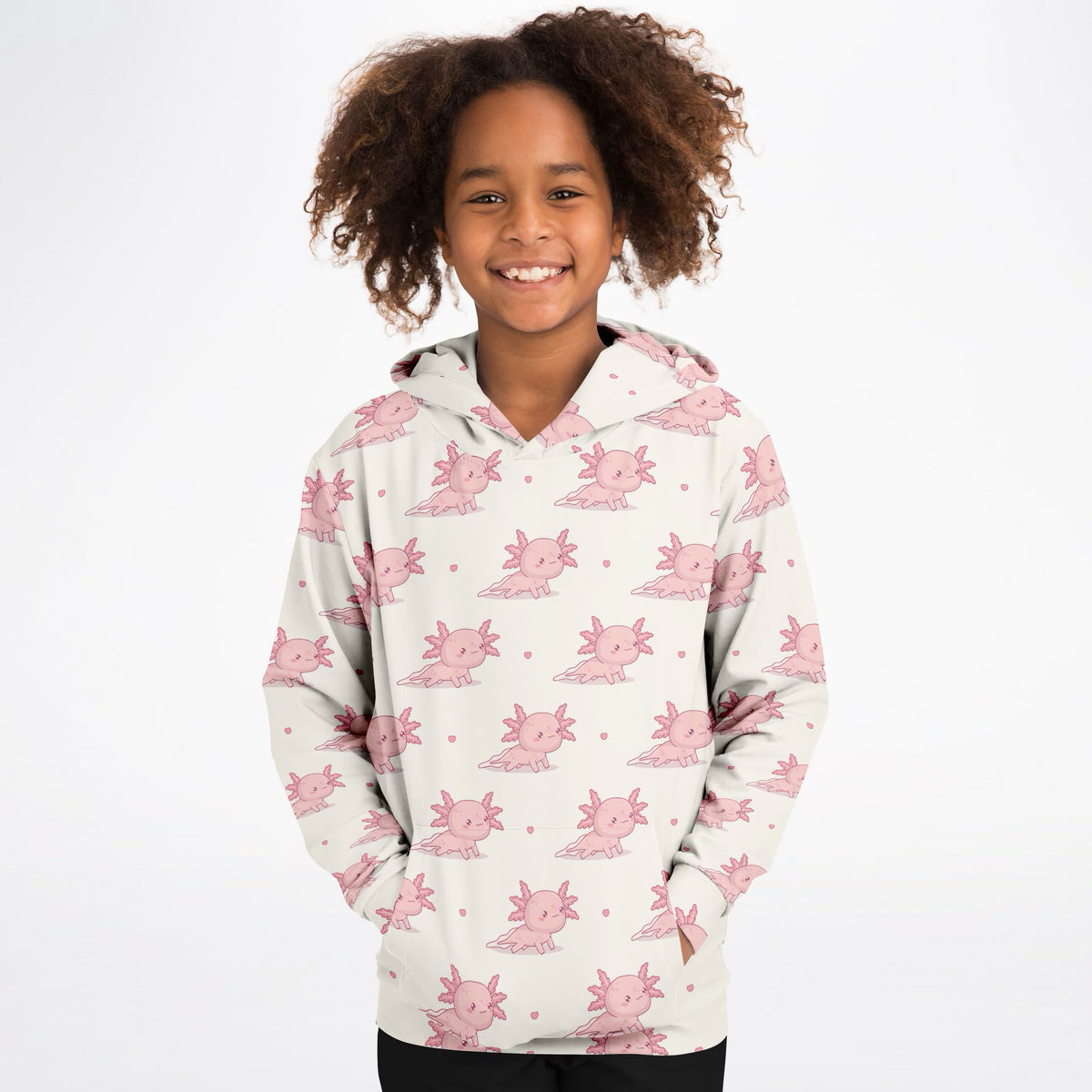 Girls Pink Axolotl Hoodie – Ultra Comfy & Stretchy, Cozy Fleece or Lightweight Sports Fabric, Double-Layer Hood & Kangaroo Pocket