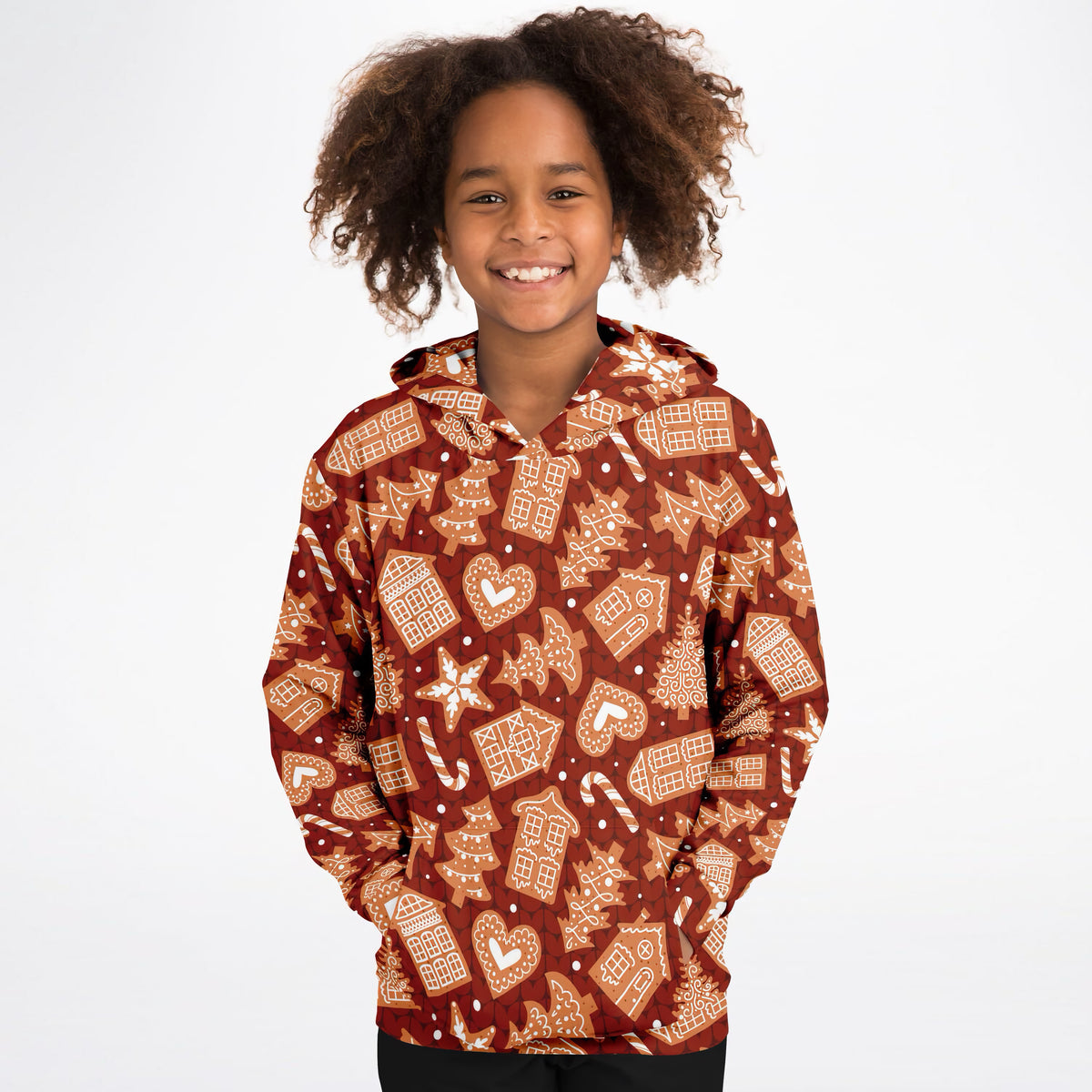 Kids Red Gingerbread Cookies Christmas Hoodie – Ultra Comfy & Stretchy, Cozy Fleece or Lightweight Sports Fabric, Double-Layer Hood & Kangaroo Pocket