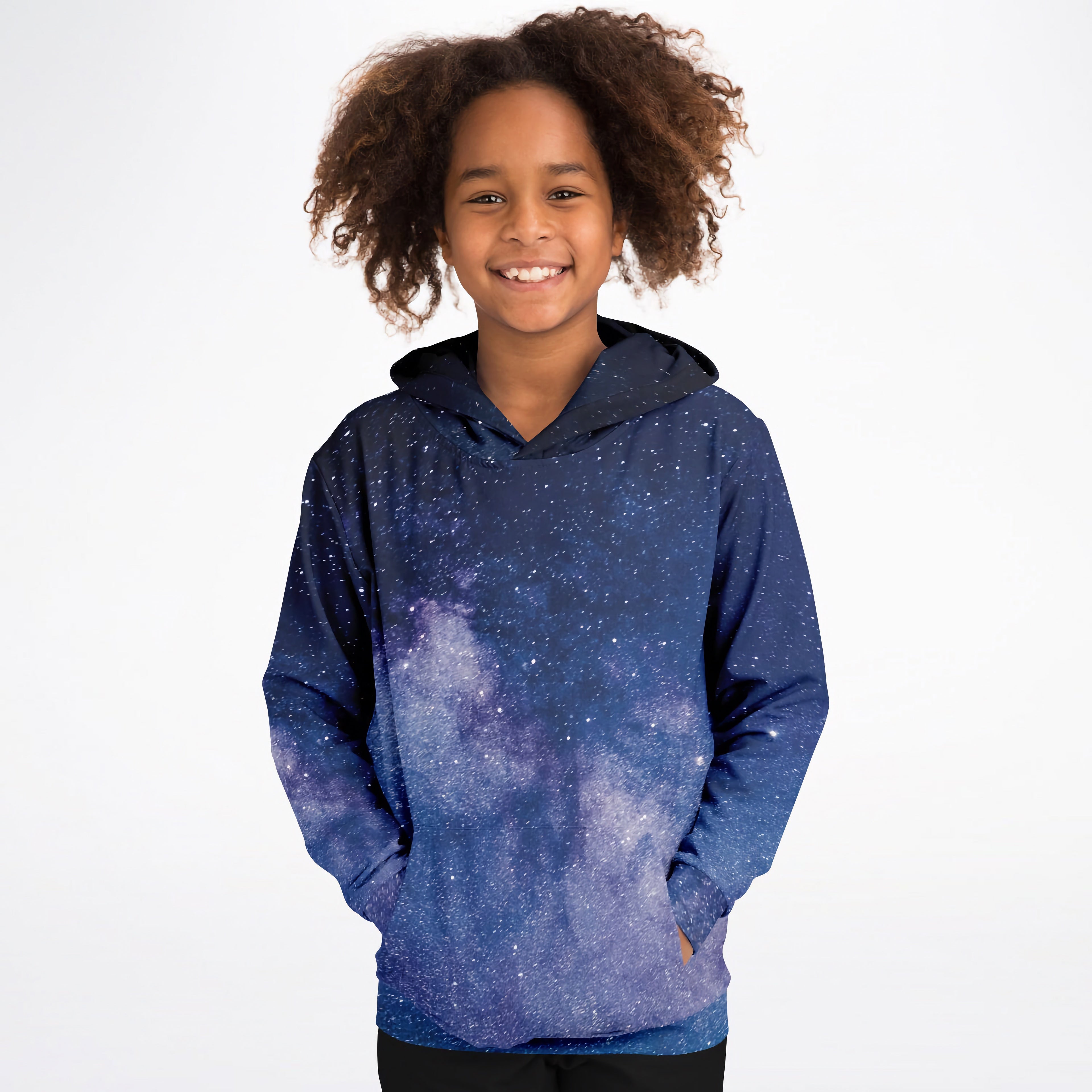A child wearing a navy blue kids galaxy hoodie with vibrant purple and white stars in cozy cotton fleece fabric