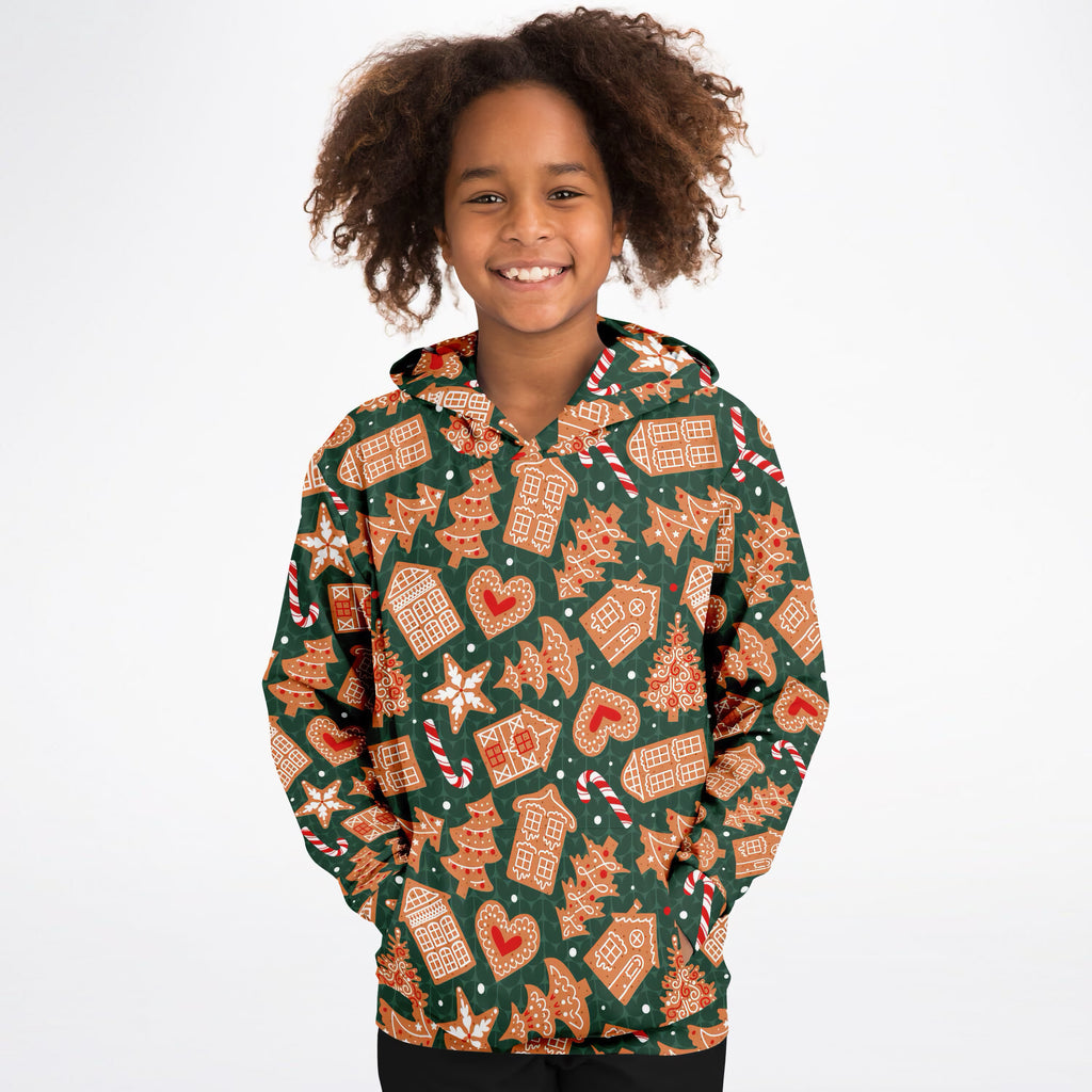Kids Green Gingerbread Cookies Christmas Hoodie – Ultra Comfy & Stretchy, Cozy Fleece or Lightweight Sports Fabric, Double-Layer Hood & Kangaroo Pocket