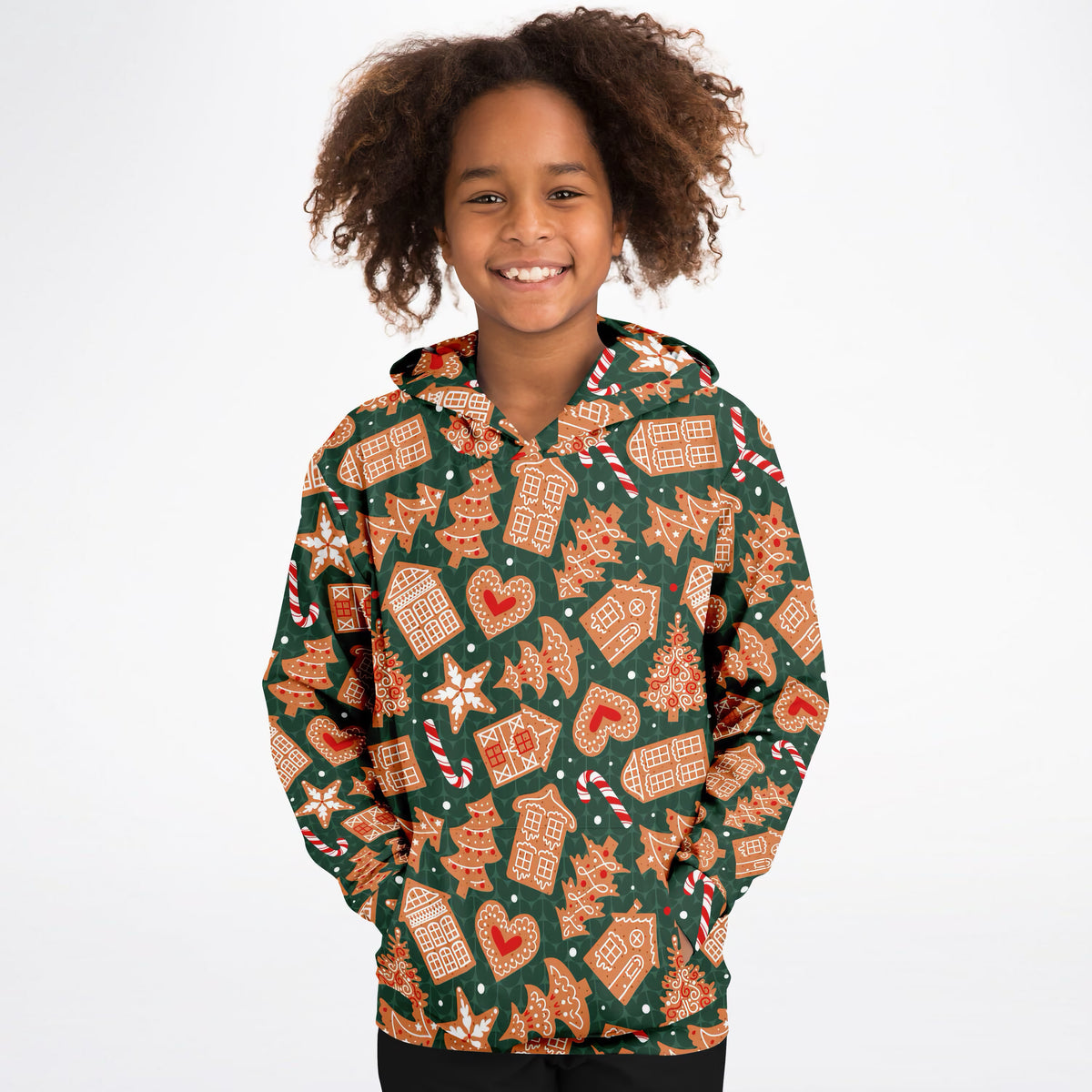 Kids Green Gingerbread Cookies Christmas Hoodie – Ultra Comfy & Stretchy, Cozy Fleece or Lightweight Sports Fabric, Double-Layer Hood & Kangaroo Pocket