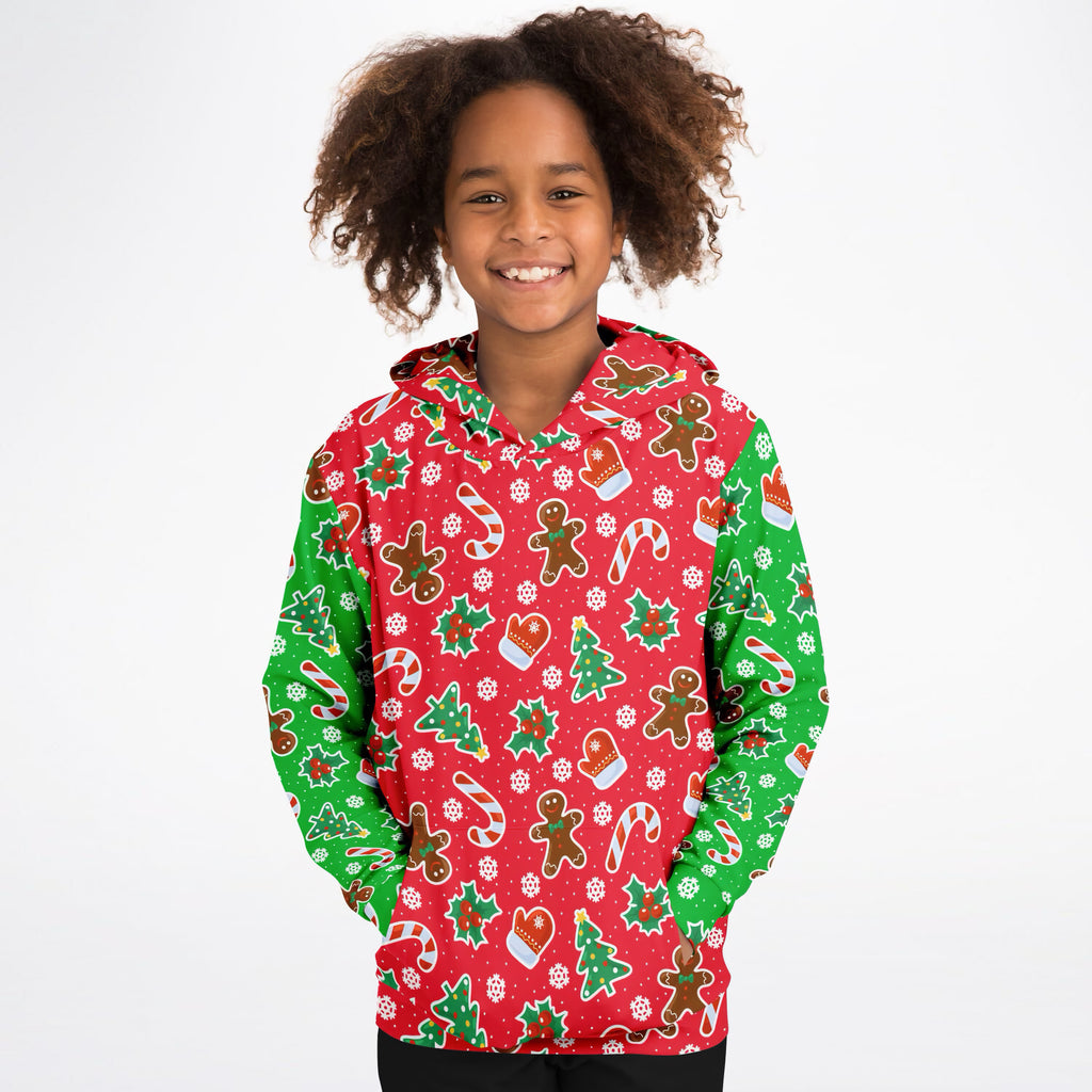 Kids Red & Green Christmas Icons Hoodie – Ultra Comfy & Stretchy, Cozy Fleece or Lightweight Sports Fabric, Double-Layer Hood & Kangaroo Pocket
