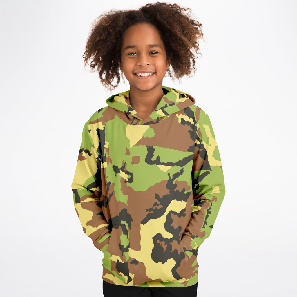 Kids Green Camouflage Hoodie – Ultra Comfy & Stretchy, Cozy Fleece or Lightweight Sports Fabric, Double-Layer Hood & Kangaroo Pocket