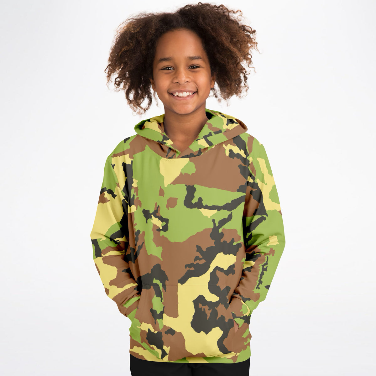 Kids Green Camouflage Hoodie – Ultra Comfy & Stretchy, Cozy Fleece or Lightweight Sports Fabric, Double-Layer Hood & Kangaroo Pocket