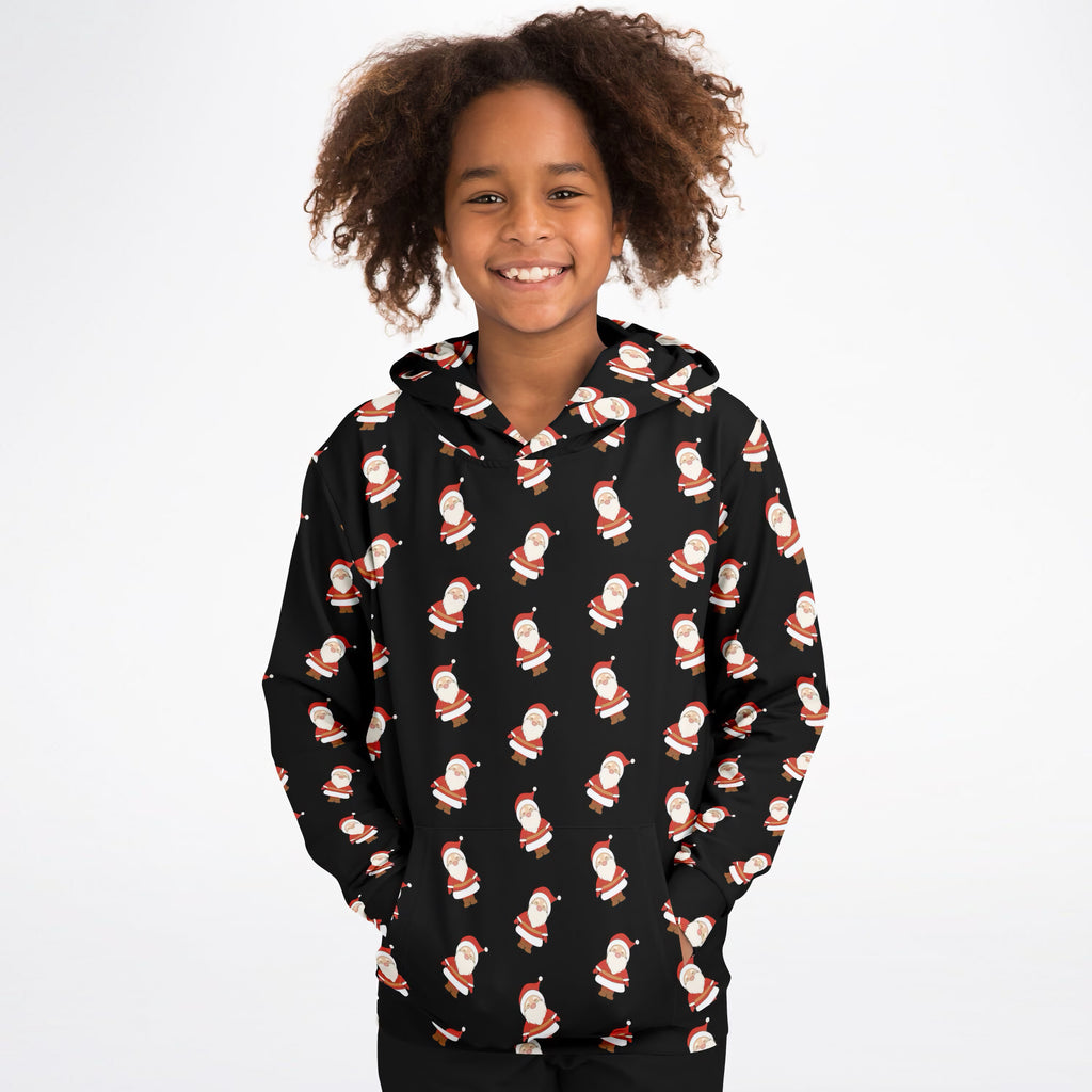 Kids Black Santa Claus Christmas Hoodie – Ultra Comfy & Stretchy, Cozy Fleece or Lightweight Sports Fabric, Double-Layer Hood & Kangaroo Pocket