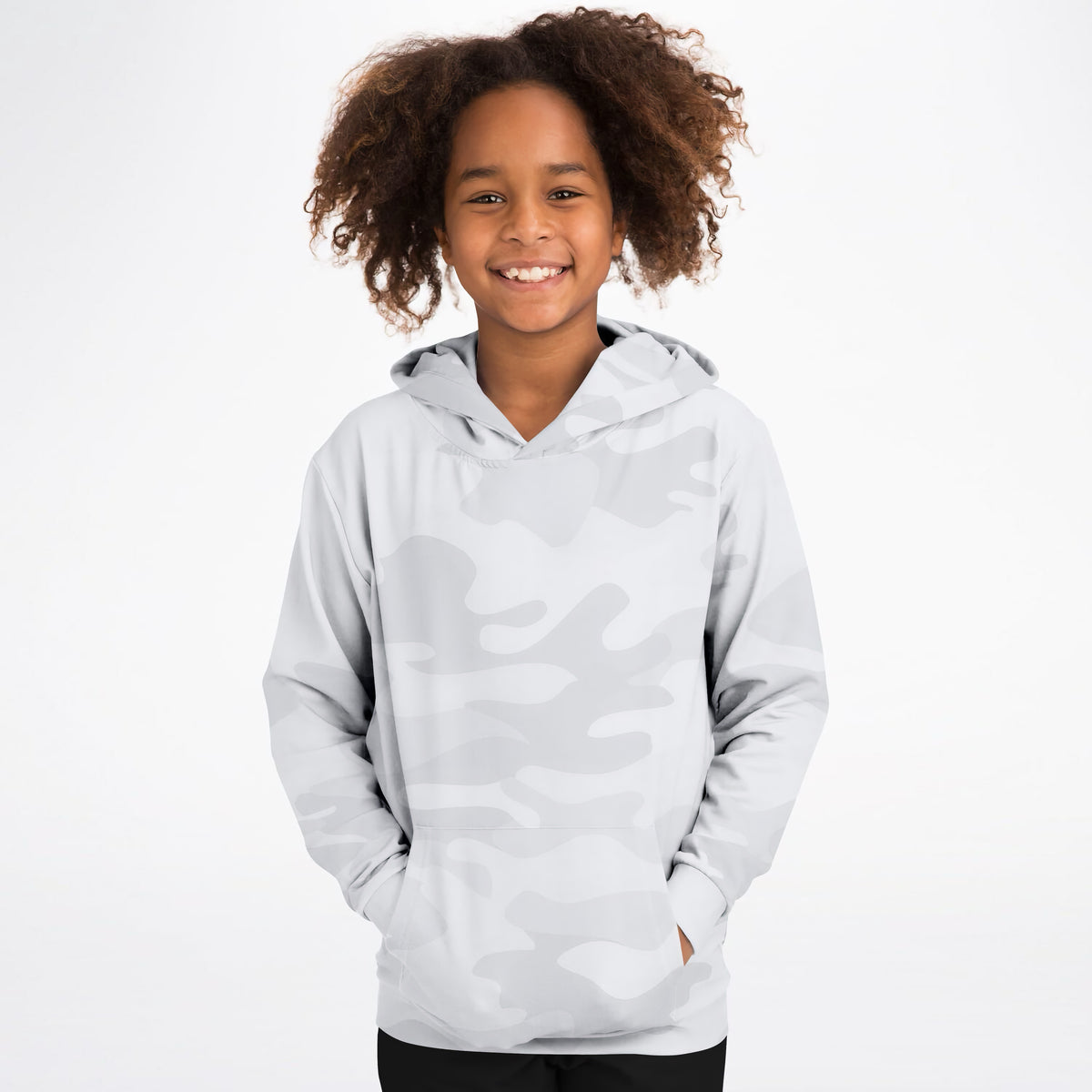 Kids White and Gray Camouflage Hoodie – Ultra Comfy & Stretchy, Cozy Fleece or Lightweight Sports Fabric, Double-Layer Hood & Kangaroo Pocket