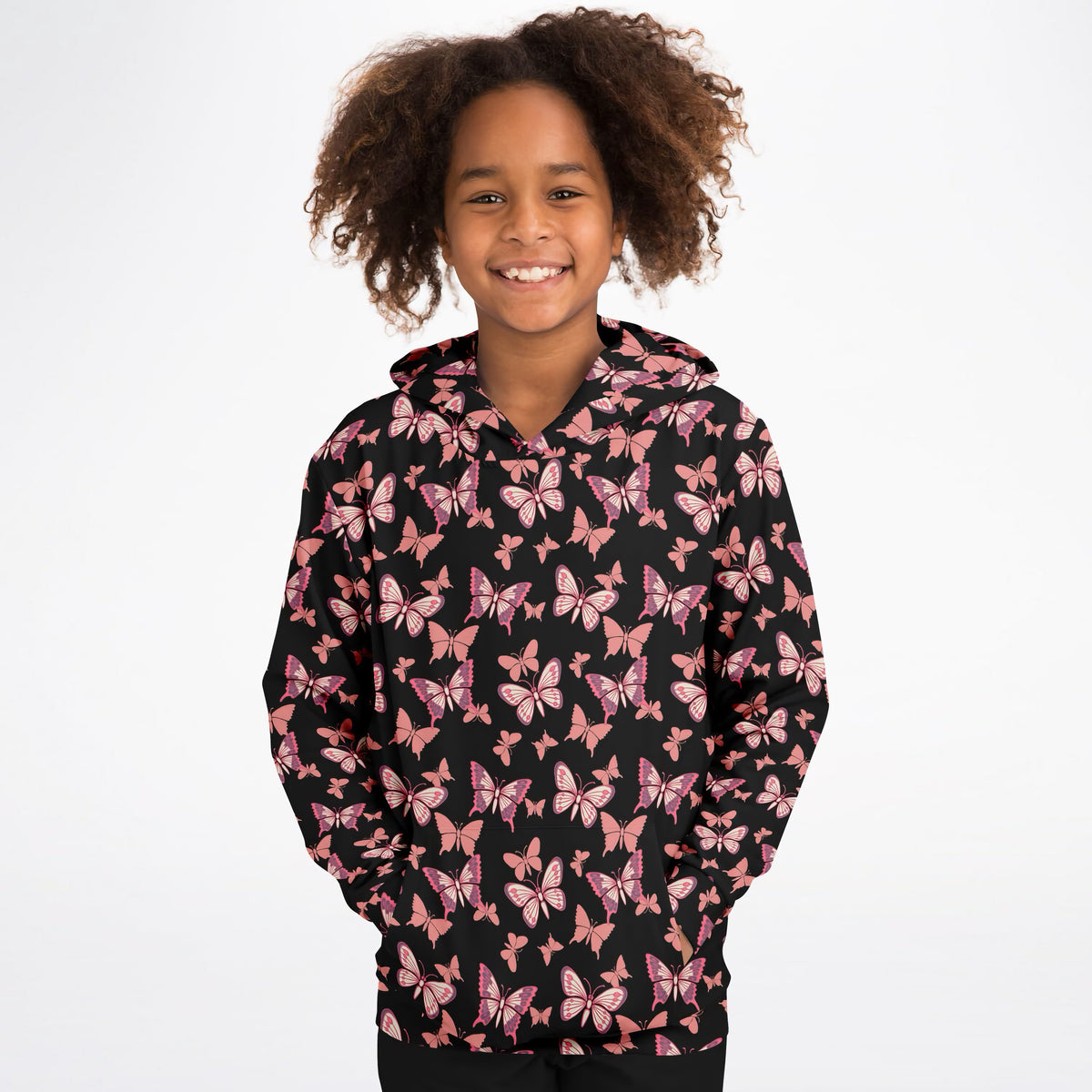 Girls Vibrant Pink Butterfly Hoodie – Ultra Comfy & Stretchy, Cozy Fleece or Lightweight Sports Fabric, Double-Layer Hood & Kangaroo Pocket
