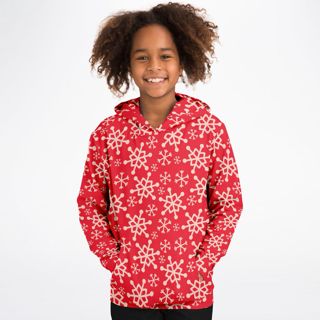 Kids Red Snowflake Christmas Hoodie – Ultra Comfy & Stretchy, Cozy Fleece or Lightweight Sports Fabric, Double-Layer Hood & Kangaroo Pocket