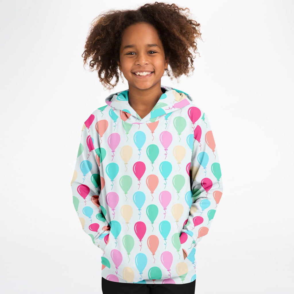 Kids Colorful Birthday Balloons Hoodie – Ultra Comfy & Stretchy, Cozy Fleece or Lightweight Sports Fabric, Double-Layer Hood & Kangaroo Pocket