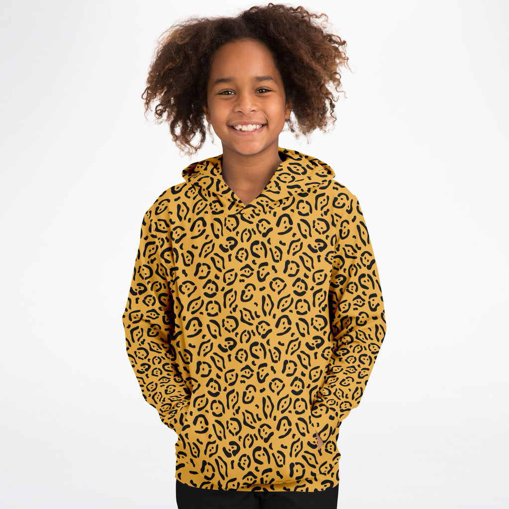 Girls Golden Yellow Leopard Print Hoodie – Ultra Comfy & Stretchy, Cozy Fleece or Lightweight Sports Fabric, Double-Layer Hood & Kangaroo Pocket
