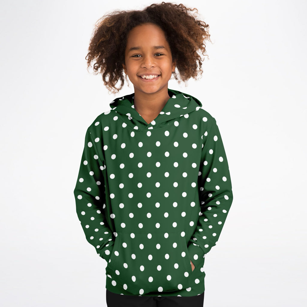 Kids Forest Green Polka Dot Hoodie – Ultra Comfy & Stretchy, Cozy Fleece or Lightweight Sports Fabric, Double-Layer Hood & Kangaroo Pocket