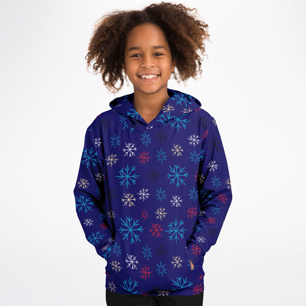 Kids Colorful Blue Snowflake Hoodie – Ultra Comfy & Stretchy, Cozy Fleece or Lightweight Sports Fabric, Double-Layer Hood & Kangaroo Pocket