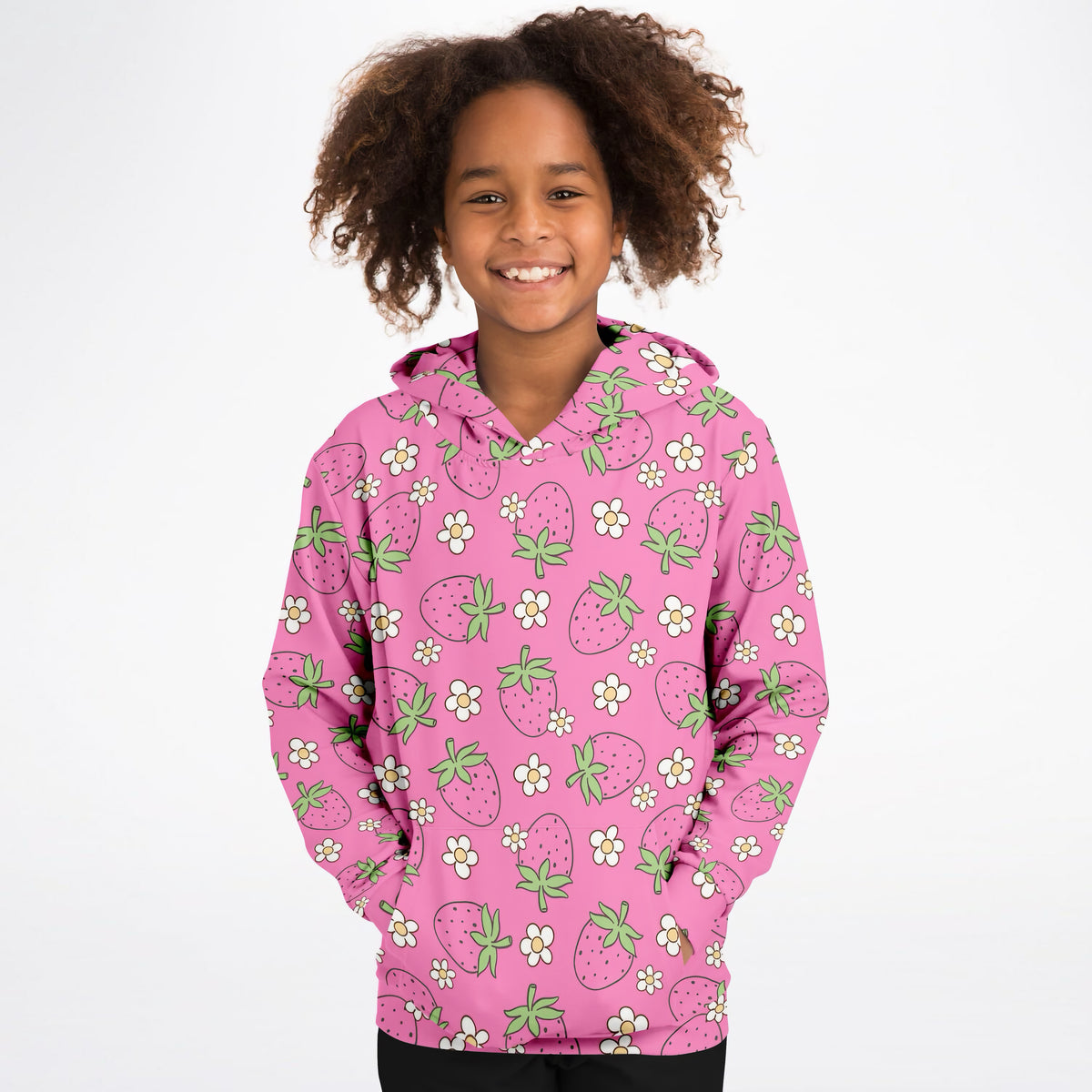 Girls Pink Strawberry Hoodie – Ultra Comfy & Stretchy, Cozy Fleece or Lightweight Sports Fabric, Double-Layer Hood & Kangaroo Pocket