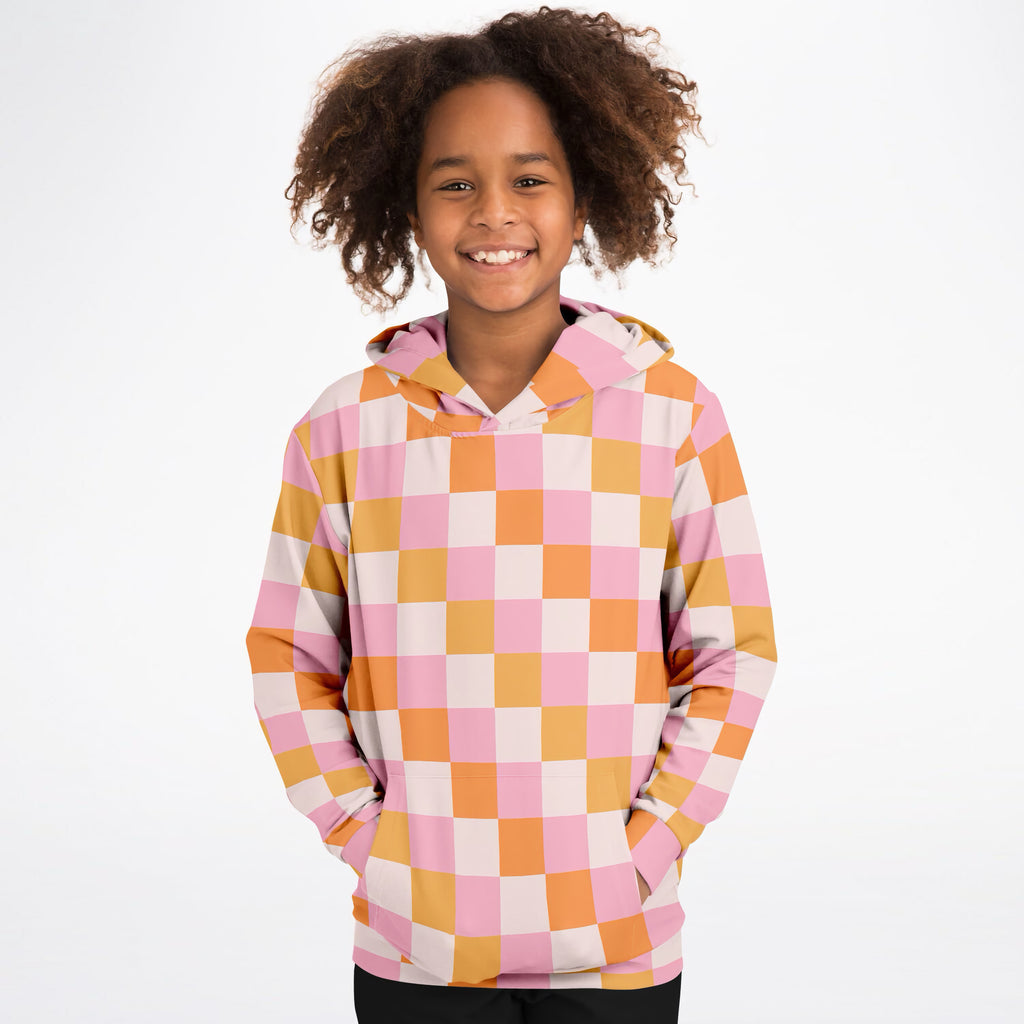 Girls Sunset Checkered Hoodie – Ultra Comfy & Stretchy, Cozy Fleece or Lightweight Sports Fabric, Double-Layer Hood & Kangaroo Pocket