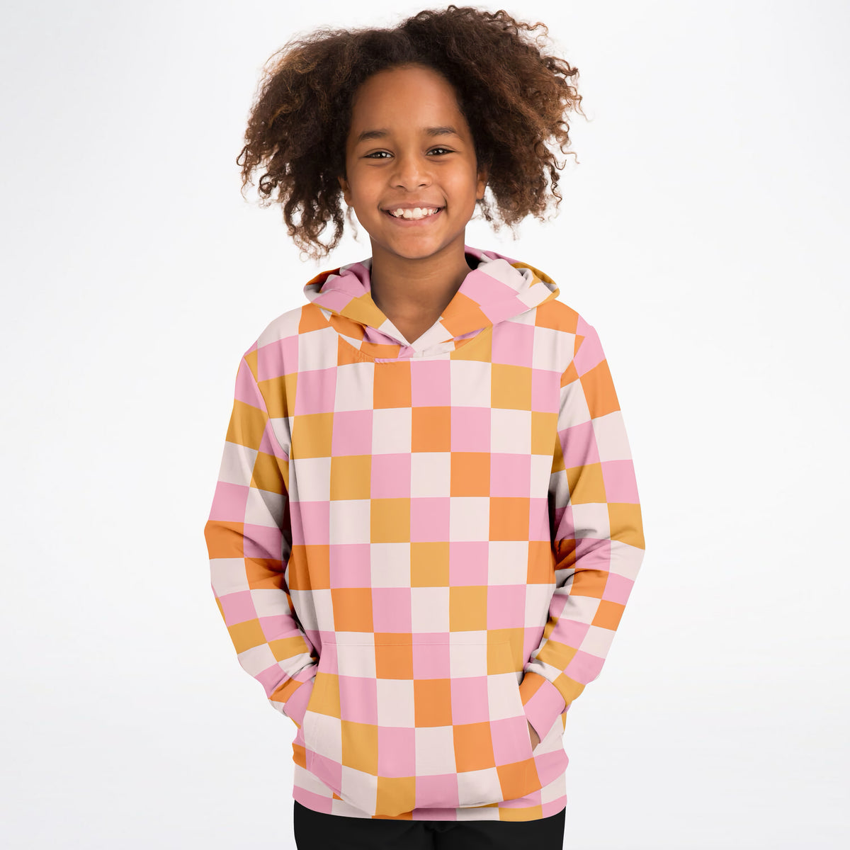 Girls Sunset Checkered Hoodie – Ultra Comfy & Stretchy, Cozy Fleece or Lightweight Sports Fabric, Double-Layer Hood & Kangaroo Pocket