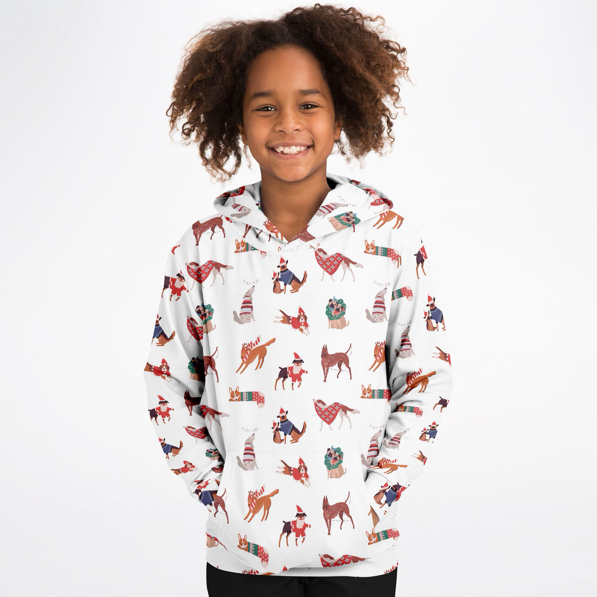 Kids Christmas Dogs Hoodie – Ultra Comfy & Stretchy, Cozy Fleece or Lightweight Sports Fabric, Double-Layer Hood & Kangaroo Pocket