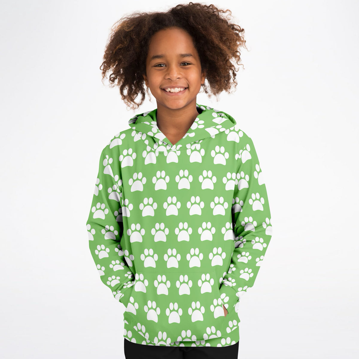 Kids Green Paw Print Hoodie – Ultra Comfy & Stretchy, Cozy Fleece or Lightweight Sports Fabric, Double-Layer Hood & Kangaroo Pocket