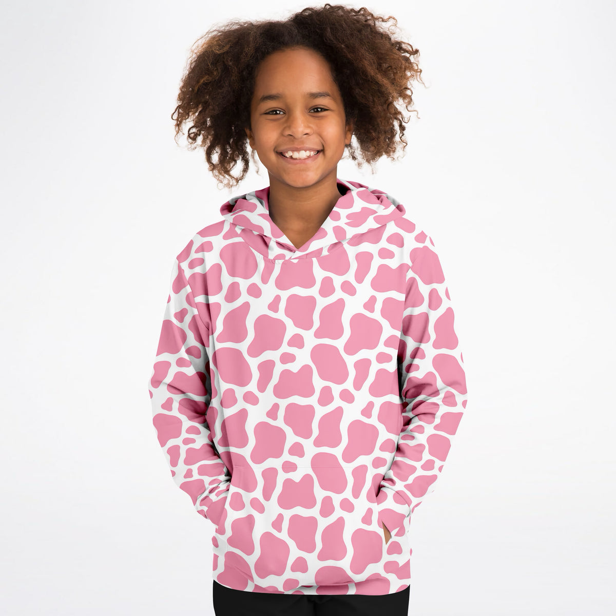 Girls Pink Cow Print Hoodie – Ultra Comfy & Stretchy, Cozy Fleece or Lightweight Sports Fabric, Double-Layer Hood & Kangaroo Pocket