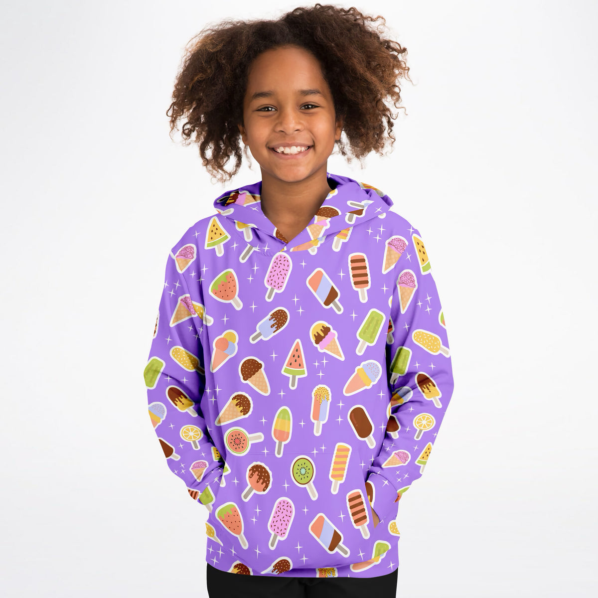 Girls Purple Ice Cream Hoodie – Ultra Comfy & Stretchy, Cozy Fleece or Lightweight Sports Fabric, Double-Layer Hood & Kangaroo Pocket