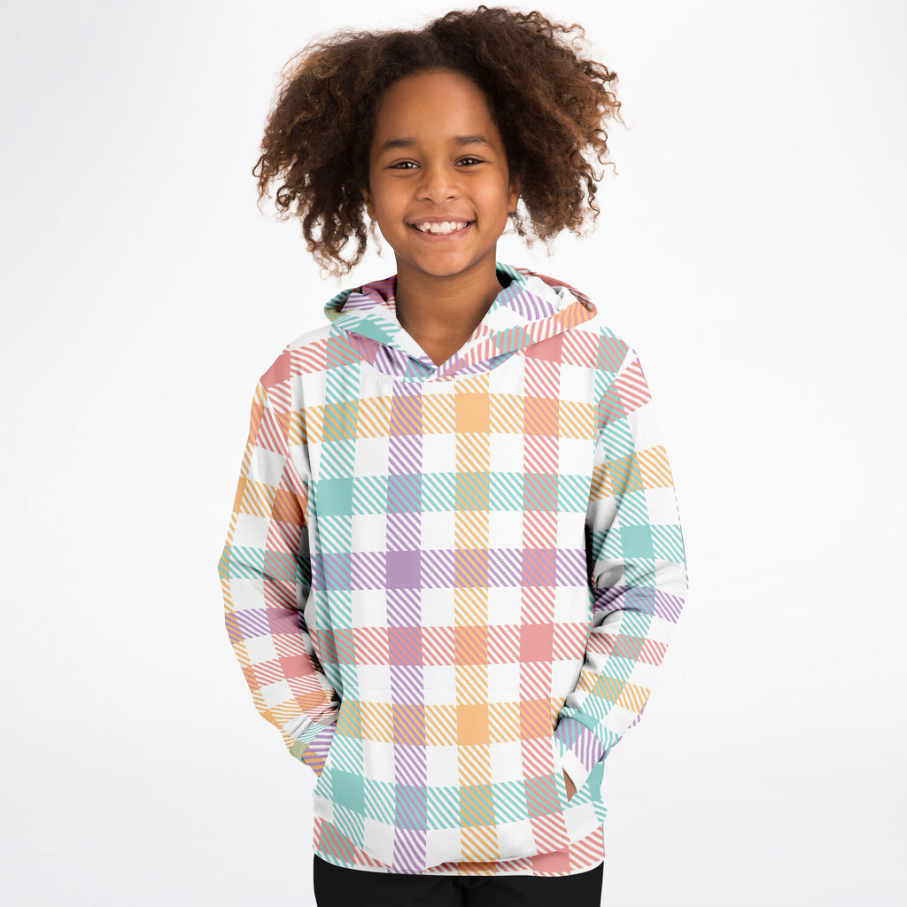 Girls Colorful Pastel Plaid Hoodie – Ultra Comfy & Stretchy, Cozy Fleece or Lightweight Sports Fabric, Double-Layer Hood & Kangaroo Pocket