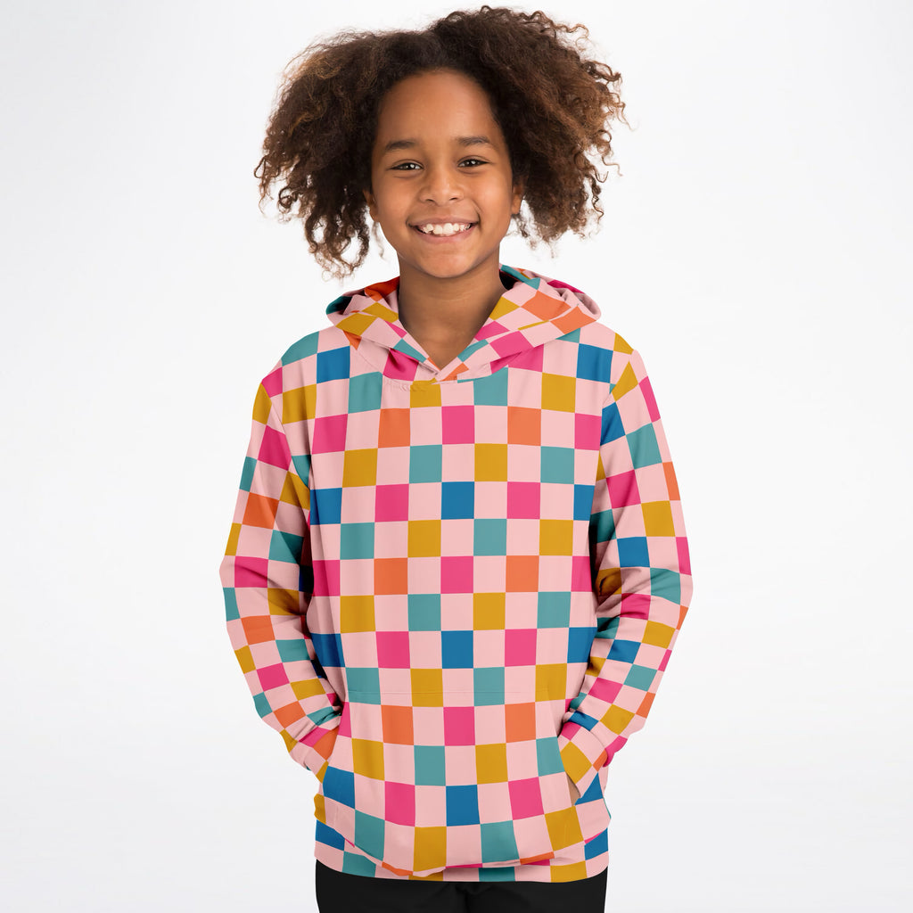 Girls Bright Rainbow Checkered Hoodie – Ultra Comfy & Stretchy, Cozy Fleece or Lightweight Sports Fabric, Double-Layer Hood & Kangaroo Pocket