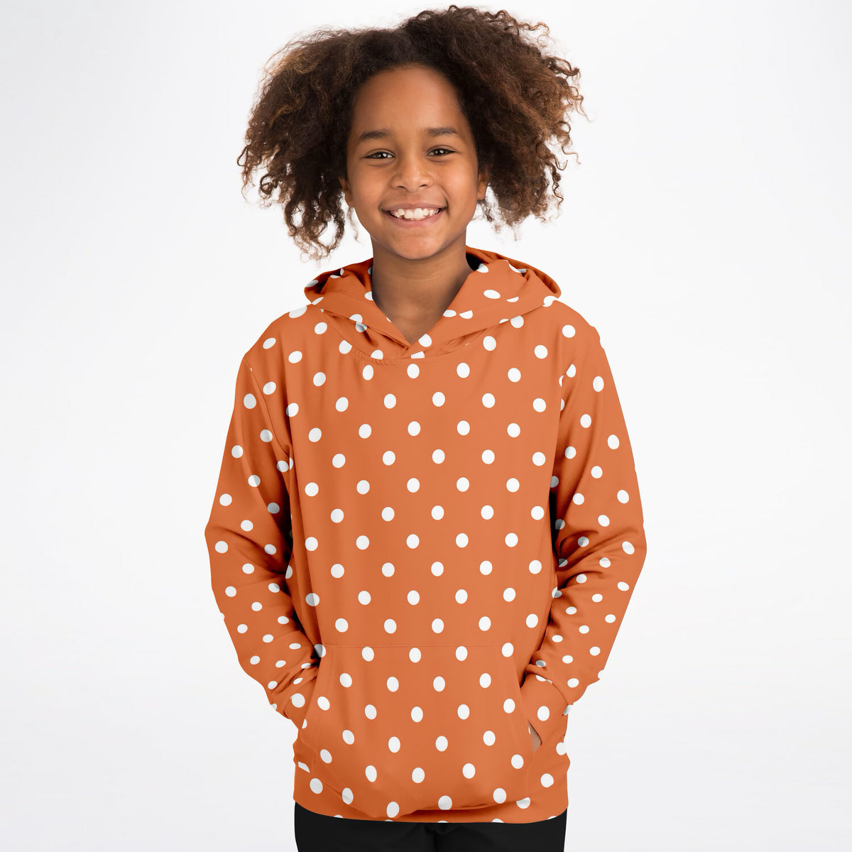Kids Orange Polka Dot Hoodie – Ultra Comfy & Stretchy, Cozy Fleece or Lightweight Sports Fabric, Double-Layer Hood & Kangaroo Pocket