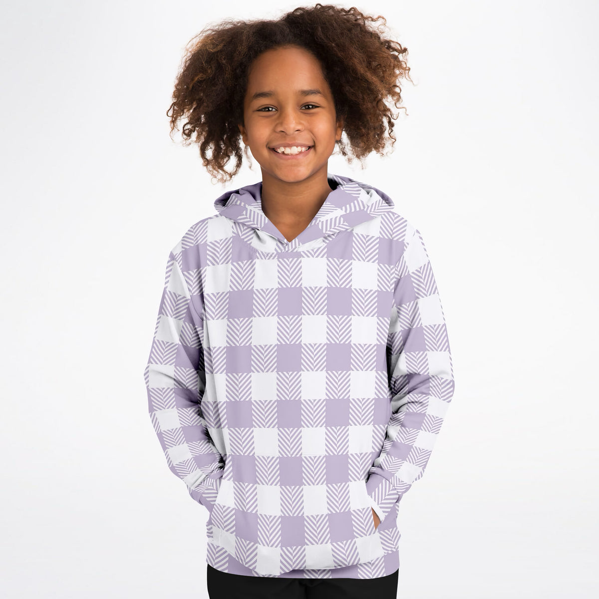 Girls Lavender Purple Gingham Plaid Hoodie – Ultra Comfy & Stretchy, Cozy Fleece or Lightweight Sports Fabric, Double-Layer Hood & Kangaroo Pocket