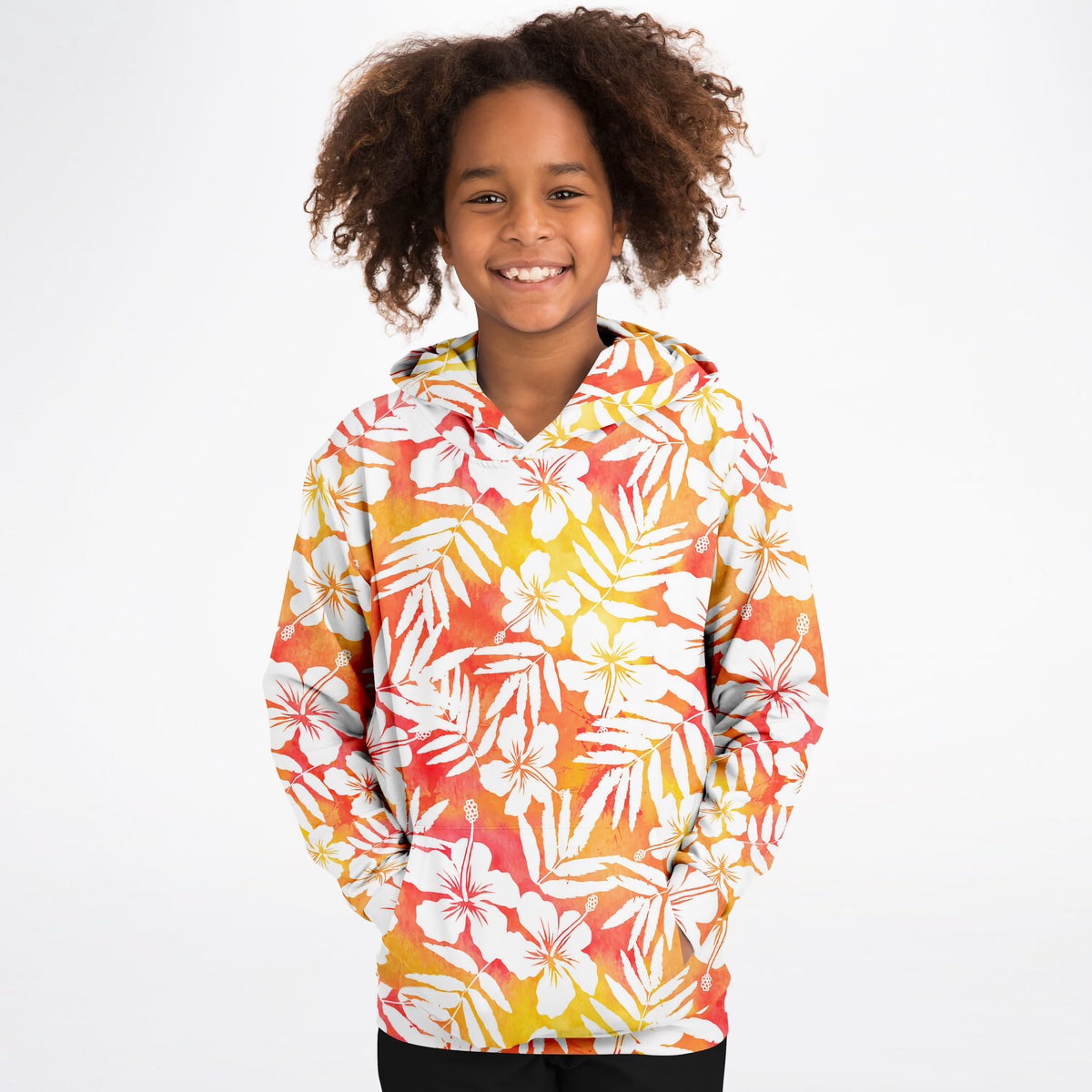 Kids Sunset Orange Tropical Hibiscus Hoodie – Ultra Comfy & Stretchy, Cozy Fleece or Lightweight Sports Fabric, Double-Layer Hood & Kangaroo Pocket