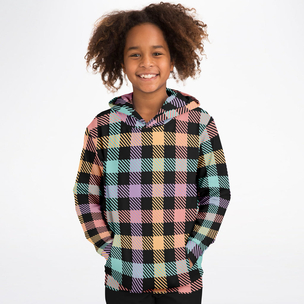 Girls Colorful Black Pastel Plaid Hoodie – Ultra Comfy & Stretchy, Cozy Fleece or Lightweight Sports Fabric, Double-Layer Hood & Kangaroo Pocket
