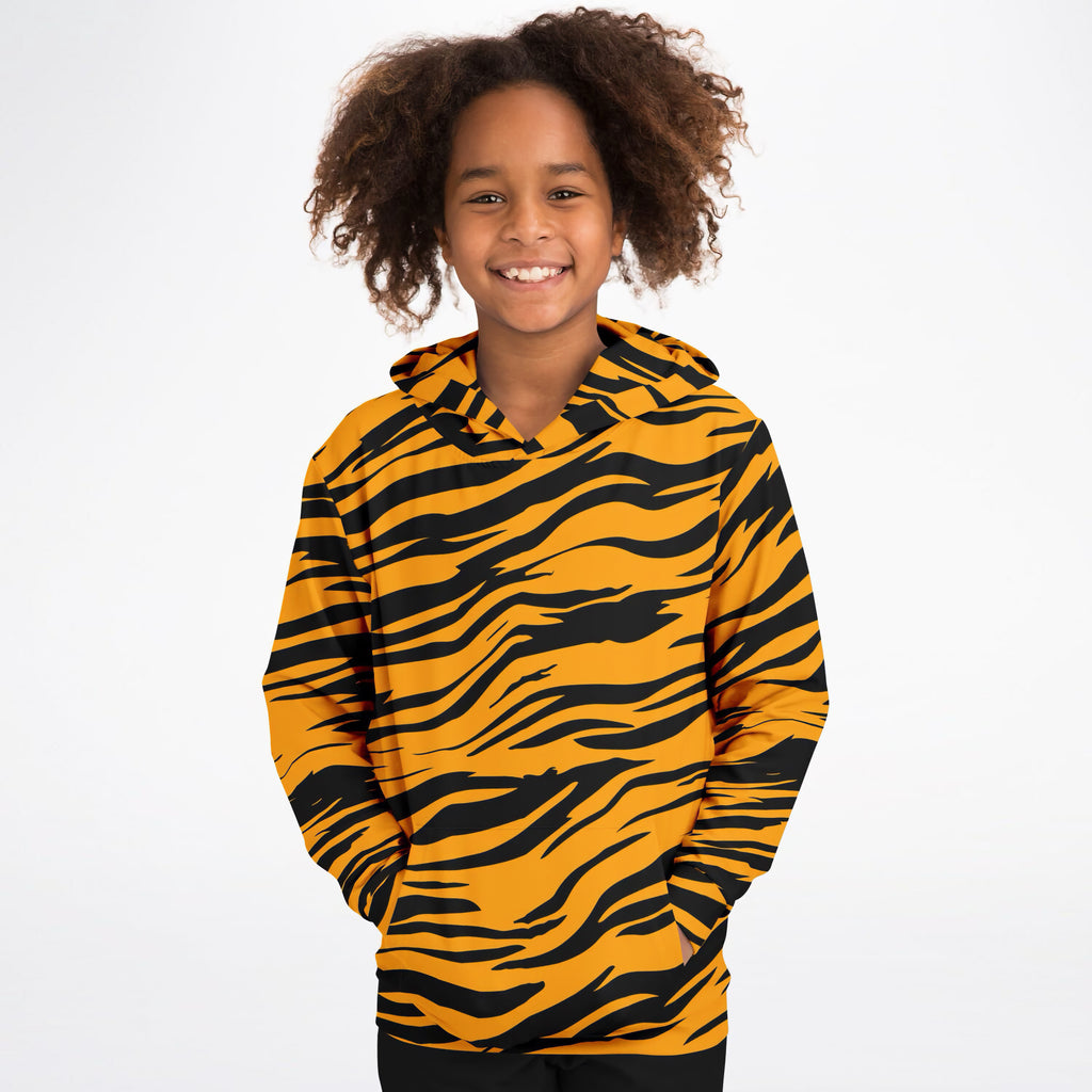 Kids Orange Tiger Stripe Hoodie – Ultra Comfy & Stretchy, Cozy Fleece or Lightweight Sports Fabric, Double-Layer Hood & Kangaroo Pocket
