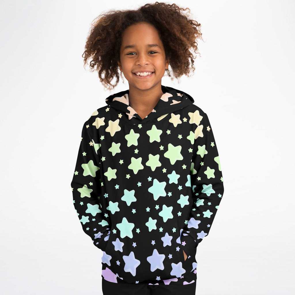 Girls Pastel Rainbow Stars Hoodie – Ultra Comfy & Stretchy, Cozy Fleece or Lightweight Sports Fabric, Double-Layer Hood & Kangaroo Pocket