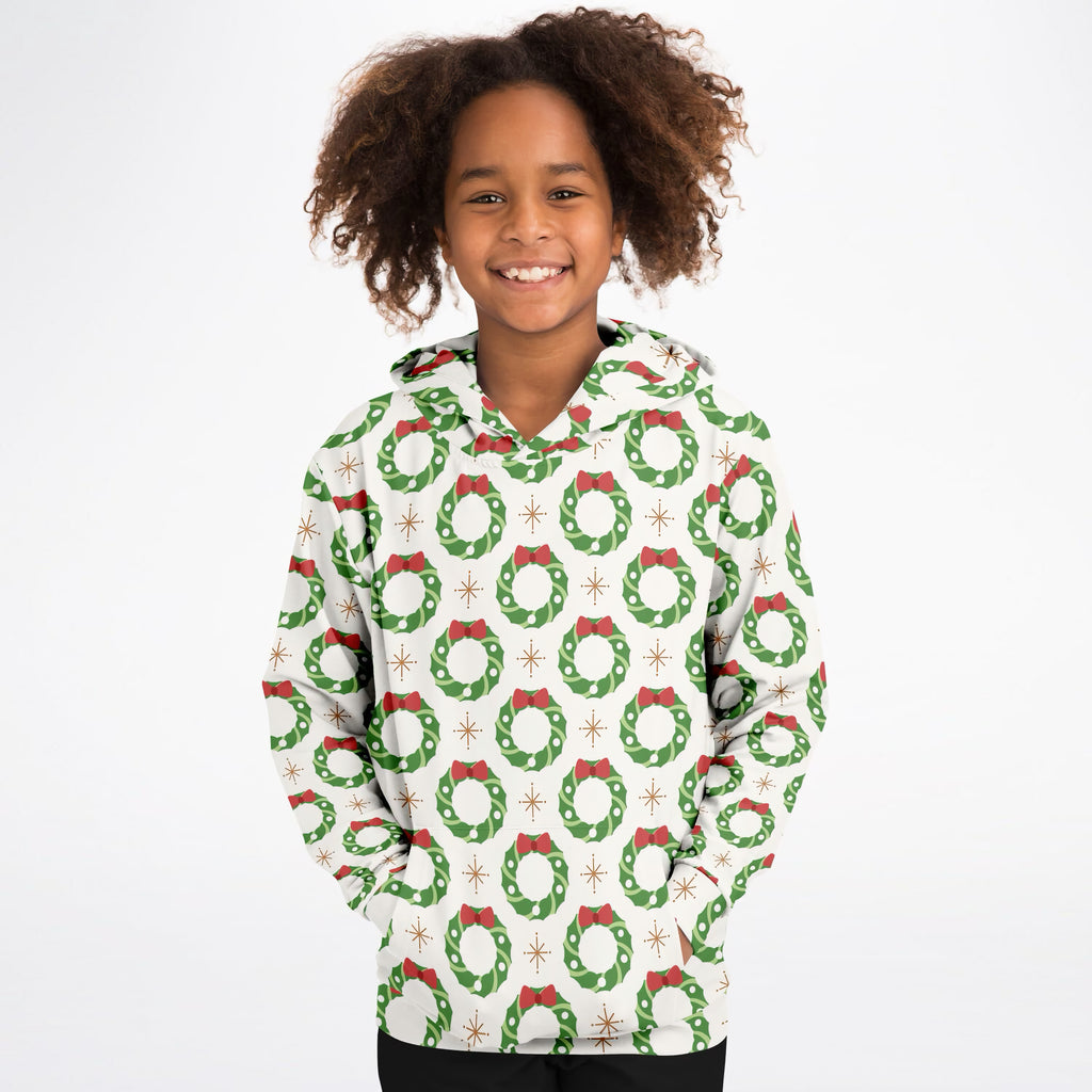 Kids Christmas Wreath Hoodie – Ultra Comfy & Stretchy, Cozy Fleece or Lightweight Sports Fabric, Double-Layer Hood & Kangaroo Pocket
