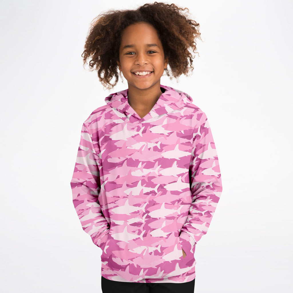 Girls Pink Shark Camouflage Hoodie – Ultra Comfy & Stretchy, Cozy Fleece or Lightweight Sports Fabric, Double-Layer Hood & Kangaroo Pocket