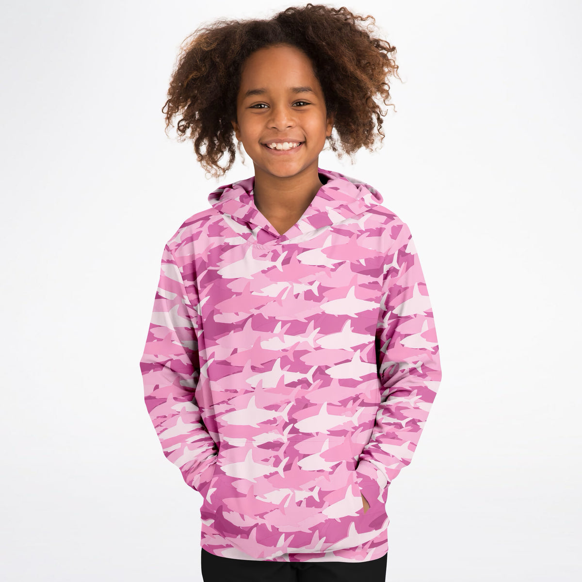 Girls Pink Shark Camouflage Hoodie – Ultra Comfy & Stretchy, Cozy Fleece or Lightweight Sports Fabric, Double-Layer Hood & Kangaroo Pocket